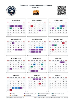 Printable Crossroads Alternative/Bristol City school calendar 2026-2027 by VirginiaSchools.us